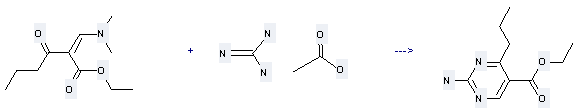 The 5-Pyrimidinecarboxylicacid, 2-amino-4-propyl-, ethyl ester can be obtained by Guanidine; Acetate and 2-Butyryl-3-dimethylamino-acrylic acid ethyl ester 